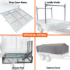Four trailer accessories—drop down ramp, ladder racks, mower pad, and canvas cover—each appear in separate labeled images surrounding an “Optional Extras” banner at the center, highlighting available add-ons for the Premium 8x5 Dual Axle Heavy Duty Tandem Trailer - 425mm High Sides 3500KG ATM (Pre-order).