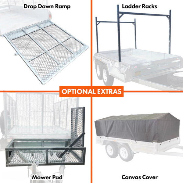 Four trailer accessories—drop down ramp, ladder racks, mower pad, and canvas cover—each appear in separate labeled images surrounding an “Optional Extras” banner at the center, highlighting available add-ons for the Premium 8x5 Dual Axle Heavy Duty Tandem Trailer - 425mm High Sides 3500KG ATM (Pre-order).