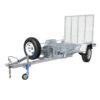 An 8×5 heavy-duty trailer with a loading ramp, two wheels, a front support wheel, a side-mounted spare tire, and a hitch for attaching to a vehicle; suitable for ATVs, zero turn mowers, golf carts, and buggies with a 750kg ATM.