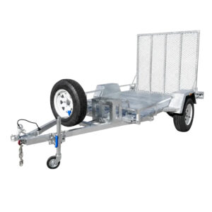 An 8×5 heavy-duty trailer with a loading ramp, two wheels, a front support wheel, a side-mounted spare tire, and a hitch for attaching to a vehicle; suitable for ATVs, zero turn mowers, golf carts, and buggies with a 750kg ATM.