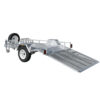 An 8×5 Heavy-Duty ATV, Zero Turn Mower, Golf Cart, Buggy Trailer – 750KG ATM featuring a mesh ramp lowered to the ground, a spare tire mounted on the side, and a single axle with two wheels—designed for transporting small vehicles or equipment.