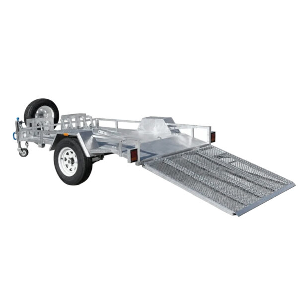 An 8×5 Heavy-Duty ATV, Zero Turn Mower, Golf Cart, Buggy Trailer – 750KG ATM featuring a mesh ramp lowered to the ground, a spare tire mounted on the side, and a single axle with two wheels—designed for transporting small vehicles or equipment.