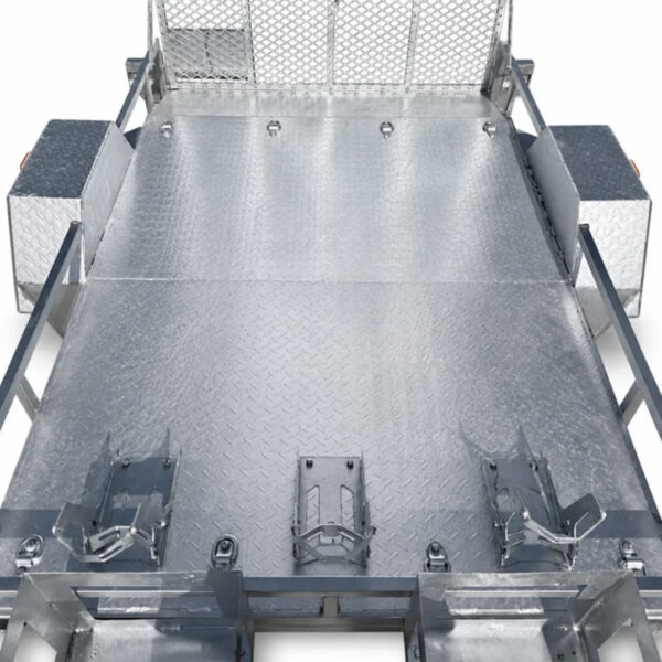 8×5 Heavy-Duty ATV, Zero Turn Mower, Golf Cart, Buggy Trailer – 750KG ATM featuring a diamond plate metal surface, side storage boxes, a front mesh guard, and wheel chocks for securing motorcycles, shown from an overhead view.