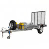 An empty 8×5 Heavy-Duty ATV, Zero Turn Mower, Golf Cart, Buggy Trailer – 750KG ATM is shown against a white background. The metal utility trailer features a mesh ramp, two wheels with a spare tire mounted on the side, two yellow jerry cans attached to the frame, and a hitch equipped with a small wheel for easy towing.
