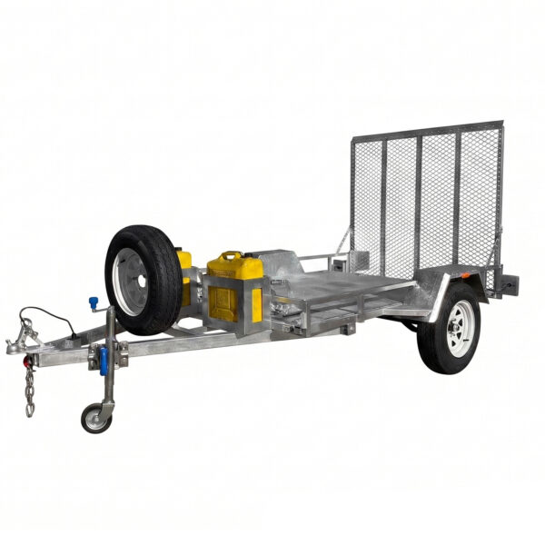 An empty 8×5 Heavy-Duty ATV, Zero Turn Mower, Golf Cart, Buggy Trailer – 750KG ATM is shown against a white background. The metal utility trailer features a mesh ramp, two wheels with a spare tire mounted on the side, two yellow jerry cans attached to the frame, and a hitch equipped with a small wheel for easy towing.