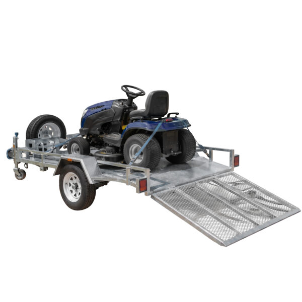 An 8×5 Heavy-Duty ATV, Zero Turn Mower, Golf Cart, Buggy Trailer – 750KG ATM with its ramp lowered to the ground holds a blue riding lawn mower, ready for loading or unloading.