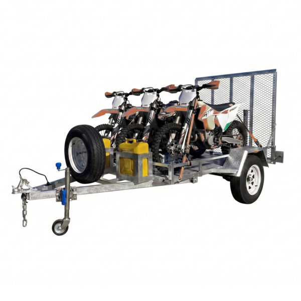 A metal 8×5 Heavy-Duty ATV, Zero Turn Mower, Golf Cart, Buggy Trailer – 750KG ATM is loaded with three dirt bikes, a mounted spare tire, a yellow fuel container, and features a metal ramp at the rear—all isolated on a white background.