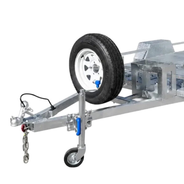 A close-up view of the front section of the 8×5 Heavy-Duty ATV, Zero Turn Mower, Golf Cart, Buggy Trailer – 750KG ATM, featuring a metal frame equipped with a spare tire, jockey wheel, safety chain, and hitch.