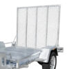 A close-up of the 8×5 Heavy-Duty ATV, Zero Turn Mower, Golf Cart, Buggy Trailer – 750KG ATM featuring a silver metal flatbed, mesh ramp gate, and one visible wheel.