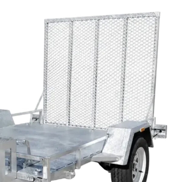 A close-up of the 8×5 Heavy-Duty ATV, Zero Turn Mower, Golf Cart, Buggy Trailer – 750KG ATM featuring a silver metal flatbed, mesh ramp gate, and one visible wheel.
