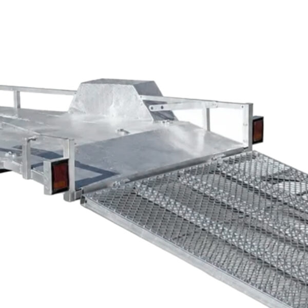 8×5 Heavy-Duty ATV, Zero Turn Mower, Golf Cart, Buggy Trailer – 750KG ATM featuring an aluminum flatbed and a diamond-patterned metal ramp extended down, viewed from a rear corner angle and isolated on a white background.