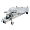 Premium Hydraulic Tipper Car Trailer 4200kg ATM with a 16.4×6.6FT (5x2M) flat deck, featuring a front toolbox, wheel chocks, loading ramps, and a hitch jack on a caster wheel. This trailer is equipped with two tires and reflective side lights.