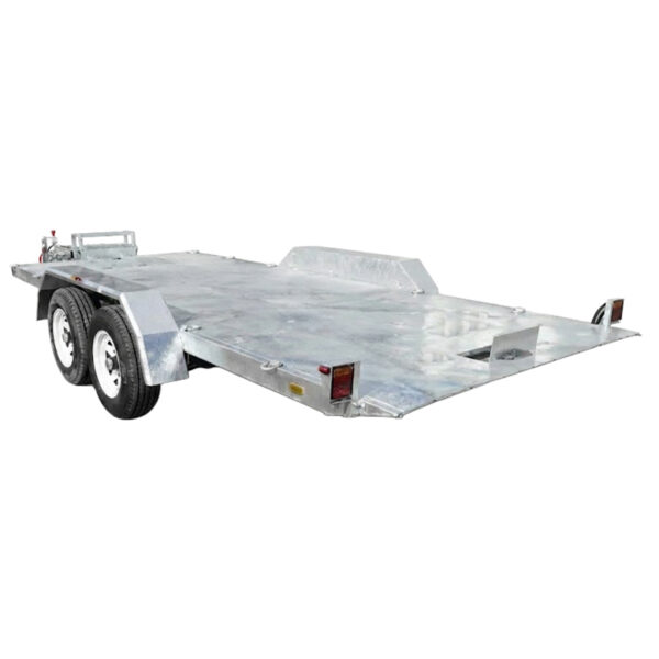 A Premium Hydraulic Tipper Car Trailer with a 4200kg ATM and a 16.4×6.6FT (5x2M) metal flatbed deck, featuring dual axles, wheel wells, and a rear loading ramp extended downward. The trailer appears empty and is photographed against a plain white background.