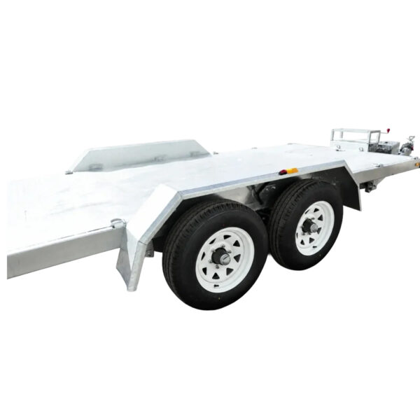 A Premium Hydraulic Tipper Car Trailer with a 4200kg ATM and a 16.4×6.6FT (5x2M) deck size, featuring a durable metal frame, dual axles with four wheels, and a rear ramp, designed for transporting vehicles or heavy equipment.