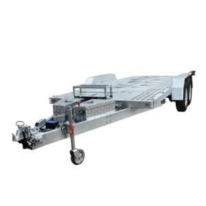A Premium Hydraulic Tipper Car Trailer with a 4200kg ATM, measuring 16.4x6.6 feet (5x2 meters) and featuring a punched metal floor, isolated on a white background.