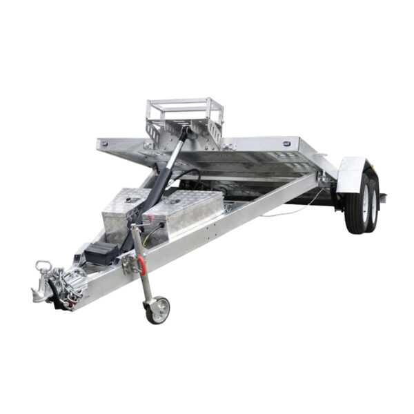A Premium Hydraulic Tipper Car Trailer with a 4200kg ATM, measuring 16.4x6.6FT (5x2M) and featuring a punched floor, dual axles, jack stand, hydraulic lift mechanism, and two rear wheels is shown on a white background.