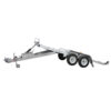 A Premium Hydraulic Tipper Car Trailer with a 4200kg ATM and a 16.4x6.6FT (5x2M) punched floor deck, featuring a silver flatbed design, dual axles, four wheels, and a front hitch, is shown in a raised loading position on a white background.