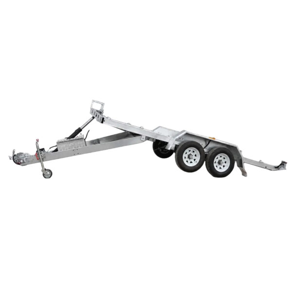 A Premium Hydraulic Tipper Car Trailer with a 4200kg ATM and a 16.4x6.6FT (5x2M) punched floor deck, featuring a silver flatbed design, dual axles, four wheels, and a front hitch, is shown in a raised loading position on a white background.
