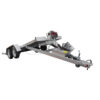 The Premium Hydraulic Tipper Car Trailer 4200kg ATM features a 16.4x6.6FT (5x2M) punched aluminum floor deck, dual axles, open toolboxes, and a front hitch. The trailer is shown with its bed tilted in the loading position, revealing the hydraulic lift mechanism underneath.
