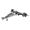 A Premium Hydraulic Tipper Car Trailer (4200kg ATM, 16.4x6.6FT / 5x2M deck size) with a punched floor is displayed on a white background; this silver, dual-axle trailer features a tilting bed and is designed for convenient vehicle transport and unloading.
