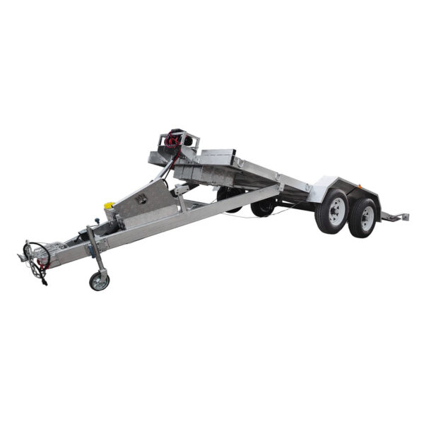 A Premium Hydraulic Tipper Car Trailer (4200kg ATM, 16.4x6.6FT / 5x2M deck size) with a punched floor is displayed on a white background; this silver, dual-axle trailer features a tilting bed and is designed for convenient vehicle transport and unloading.
