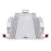 Premium Hydraulic Tipper Car Trailer 4200kg ATM with a 16.4x6.6FT (5x2M) punched floor deck, featuring rear lights and reflective decals, viewed from the back.