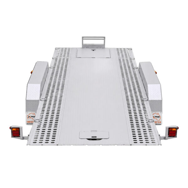 Premium Hydraulic Tipper Car Trailer 4200kg ATM with a 16.4x6.6FT (5x2M) punched floor deck, featuring rear lights and reflective decals, viewed from the back.