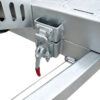 Close-up of the latch mechanism on the Premium Hydraulic Tipper Car Trailer 4200kg ATM 16.4x6.6FT (5x2M) Deck Size - Punched Floor (Pre-order), featuring a red-handled metal lever attached to the trailer’s galvanized steel frame. The latch secures a rectangular bracket to the trailer, with metal cables running underneath the frame.