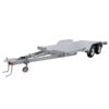 A Premium Dual Axle Car Trailer with a 4200kg ATM, featuring a spacious 16.4x6.6FT (5x2M) flat deck, equipped with a hitch, safety chains, and a small front wheel for easy maneuvering—designed for transporting vehicles.