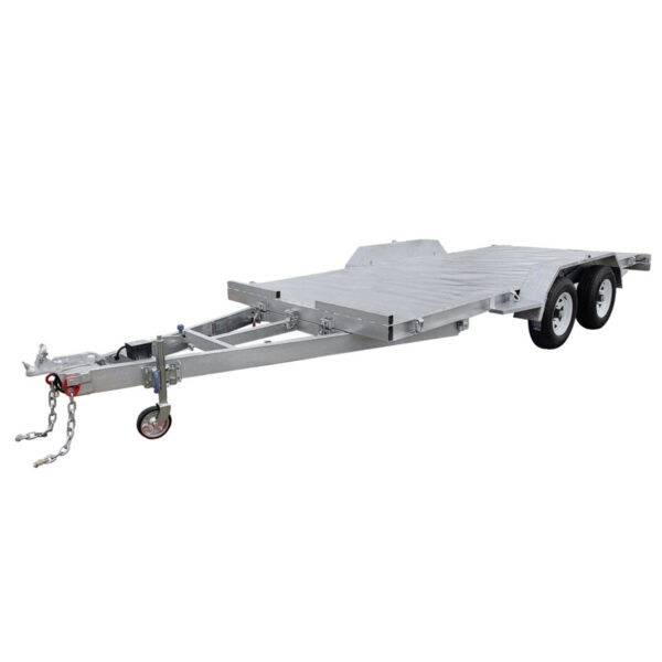 A Premium Dual Axle Car Trailer with a 4200kg ATM, featuring a spacious 16.4x6.6FT (5x2M) flat deck, equipped with a hitch, safety chains, and a small front wheel for easy maneuvering—designed for transporting vehicles.