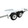 A Premium Dual Axle Car Trailer with a 4200kg ATM and a spacious 16.4x6.6FT (5x2M) deck size, featuring white wheels and a sturdy metal frame, designed for transporting vehicles or heavy equipment. This trailer is shown unhitched and isolated on a white background.
