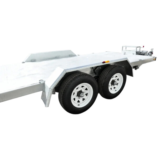 A Premium Dual Axle Car Trailer with a 4200kg ATM and a spacious 16.4x6.6FT (5x2M) deck size, featuring white wheels and a sturdy metal frame, designed for transporting vehicles or heavy equipment. This trailer is shown unhitched and isolated on a white background.