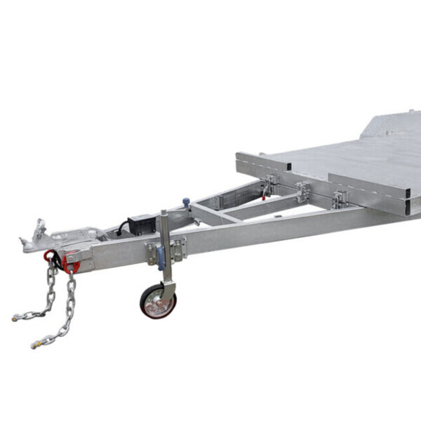 A close-up of the Premium Dual Axle Car Trailer with 4200kg ATM and a spacious 16.4x6.6FT (5x2M) deck size shows the metal trailer hitch with safety chains, jack stand with wheel, and part of the trailer bed—all in a silver finish against a white background.