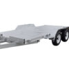 A Premium Dual Axle Car Trailer with a 4200kg ATM and a spacious 16.4x6.6FT (5x2M) deck size, featuring a metallic finish and two pairs of black tires—perfect for hauling vehicles or heavy equipment.