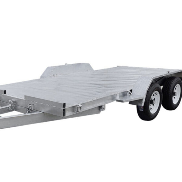 A Premium Dual Axle Car Trailer with a 4200kg ATM and a spacious 16.4x6.6FT (5x2M) deck size, featuring a metallic finish and two pairs of black tires—perfect for hauling vehicles or heavy equipment.