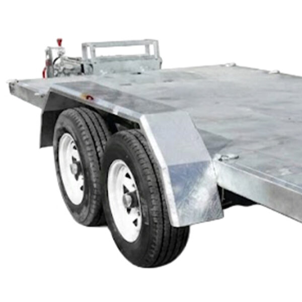 A close-up of the Premium Dual Axle Car Trailer with 4200kg ATM, featuring two black tires on white rims, metal fenders, and a silver metal deck measuring 16.4x6.6FT (5x2M), shown against a white background (pre-order).