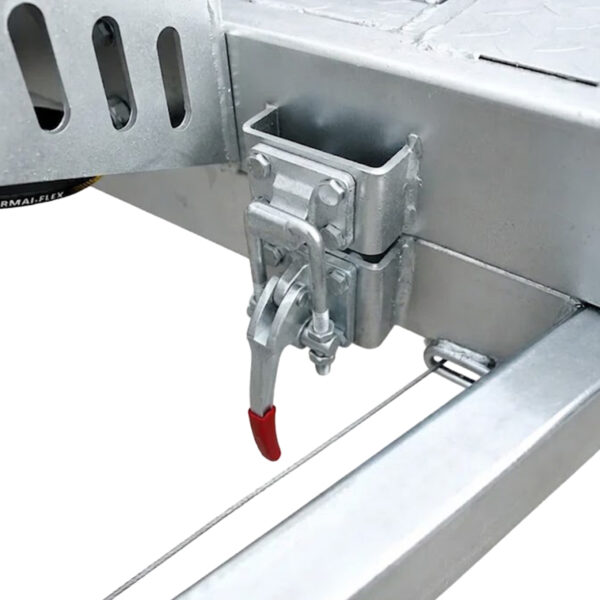 A close-up view of the metal trailer hitch mechanism with a red-handled lever, mounted on the galvanized steel frame of the Premium Dual Axle Car Trailer (4200kg ATM, 16.4x6.6FT deck), shown against a white background.