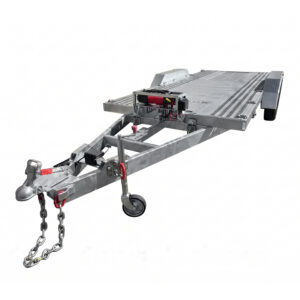 A Premium Dual Axle Car Trailer with a 4200kg ATM and a 16.4×6.6FT (5x2M) deck featuring a punched floor, equipped with a winch, tow hitch, safety chains, dual axle support at the front, perforated loading ramps, and rear wheel fenders.