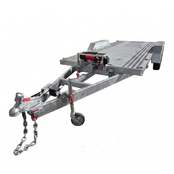 A Premium Dual Axle Car Trailer with a 4200kg ATM and a 16.4×6.6FT (5x2M) deck featuring a punched floor, equipped with a winch, tow hitch, safety chains, dual axle support at the front, perforated loading ramps, and rear wheel fenders.