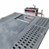 Close-up of the Premium Dual Axle Car Trailer 4200kg ATM featuring a punched metal floor with a textured hatch at the center and a mounted winch device equipped with a red cable on the upper side. The 16.4×6.6FT (5x2M) deck surface displays rows of oval holes and refined industrial detailing.