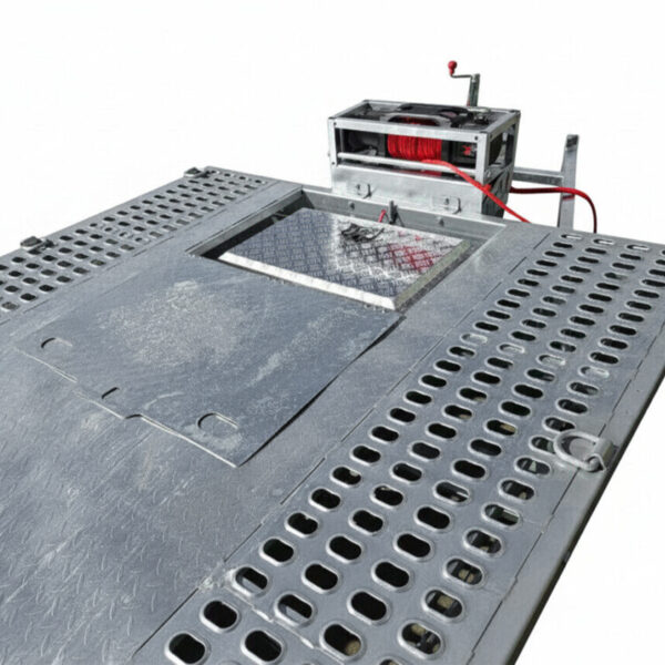 Close-up of the Premium Dual Axle Car Trailer 4200kg ATM featuring a punched metal floor with a textured hatch at the center and a mounted winch device equipped with a red cable on the upper side. The 16.4×6.6FT (5x2M) deck surface displays rows of oval holes and refined industrial detailing.