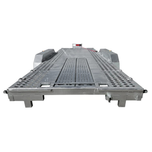 Premium Dual Axle Car Trailer 4200kg ATM 16.4×6.6FT (5x2M) Deck Size - Punched Floor shown from the rear, featuring a punched surface for traction and side rails for secure wheel placement.