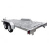 A Premium Dual Axle Car Trailer 4200kg ATM with a 16.4×6.6FT (5x2M) punched metal floor deck and wheel guards, shown on a white background.