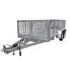 A Premium Dual Axle Car Trailer with a 4200kg ATM and a 16.4×6.6FT (5x2M) punched floor deck is shown empty on a white background. This large, silver metal flatbed trailer features mesh sides, dual axles, and a hitch for towing.