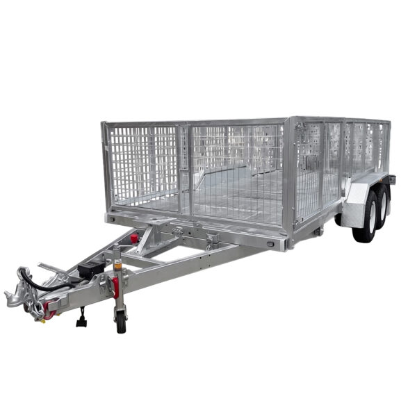 A Premium Dual Axle Car Trailer with a 4200kg ATM and a 16.4×6.6FT (5x2M) punched floor deck is shown empty on a white background. This large, silver metal flatbed trailer features mesh sides, dual axles, and a hitch for towing.