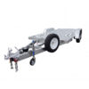 The Premium Dual Axle Car Trailer 4200kg ATM features a 16.4×6.6FT (5x2M) punched floor deck, a sturdy metal frame, dual axles, a side-mounted spare tire, and is equipped with a front hitch that includes safety chains and a jack stand—all set against a white background.