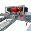 A close-up view of a metal winch with red synthetic rope mounted on the Premium Dual Axle Car Trailer 4200kg ATM 16.4×6.6FT (5x2M) Deck Size – Punched Floor (Pre-order), showing attached cables and latches, against a white background.