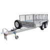 An 8×5 Dual Axle Hydraulic Tipper Tandem Box Trailer (3200kg ATM, Pre-order) featuring silver metal mesh sides, a front-mounted spare tire, a tow hitch, and dual axles for four-wheel support.