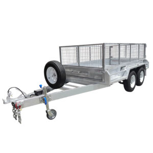 An 8×5 Dual Axle Hydraulic Tipper Tandem Box Trailer (3200kg ATM, Pre-order) featuring silver metal mesh sides, a front-mounted spare tire, a tow hitch, and dual axles for four-wheel support.