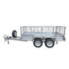An 8×5 Dual Axle Hydraulic Tipper Tandem Box Trailer with a 3200kg ATM (Pre-order) is shown on a white background, featuring mesh sides, four wheels, a silver finish, and a front-mounted spare tire.